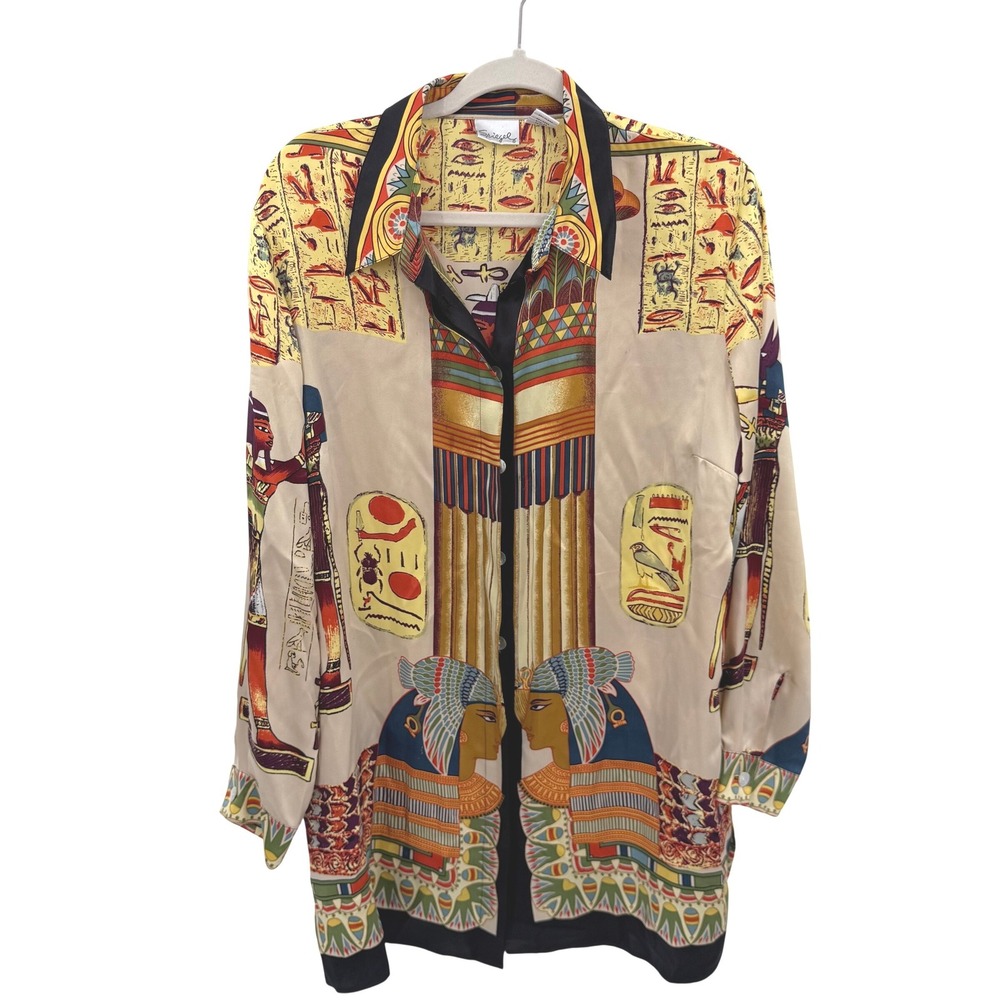 Vintage Spiegel 100% Silk Egyptian Novelty Print Button Down Blouse Tan Gold 1X